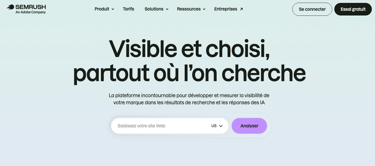Page d'accueil de Semrush, plateforme d'étude des mots-clés, de la concurrence et de la visibilité des marques dans l'IA