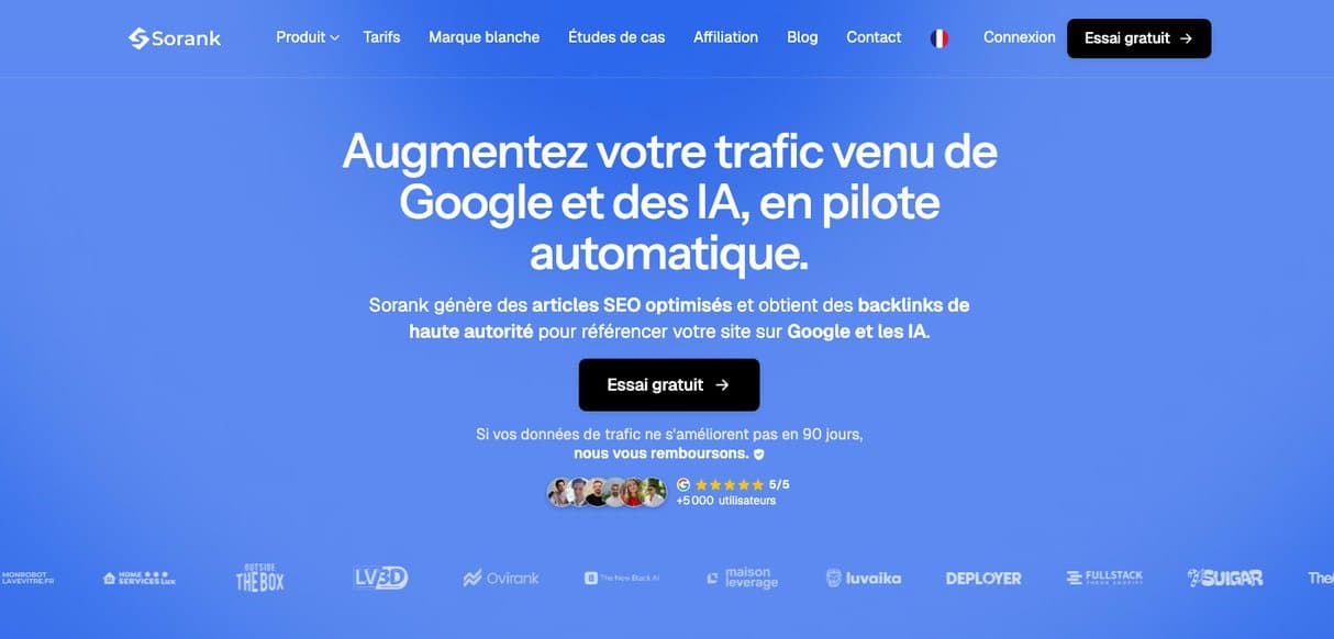 Page d'accueil de Sorank, logiciel SEO qui rédige et publie les articles d'une boutique en ligne, obtient des backlinks et suit les citations de la marque dans les IA